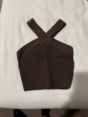 Brown Crisscross Ribbed Crop Top